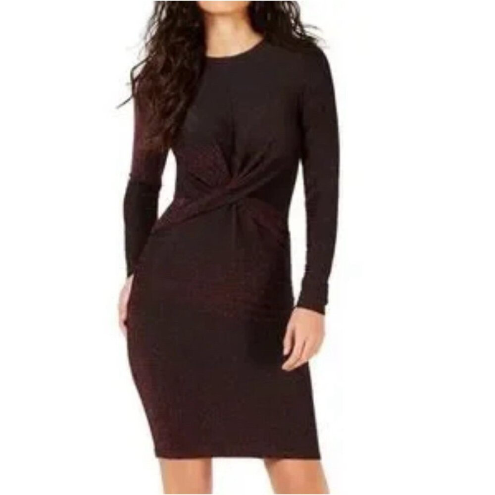 Michael Kors Dress Ruby Red Black XS Knotted Long Sleeve Stretch Sheath NWT